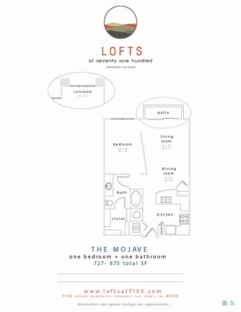 Floor plan for 1 bed, 1 bath, 875 sqft